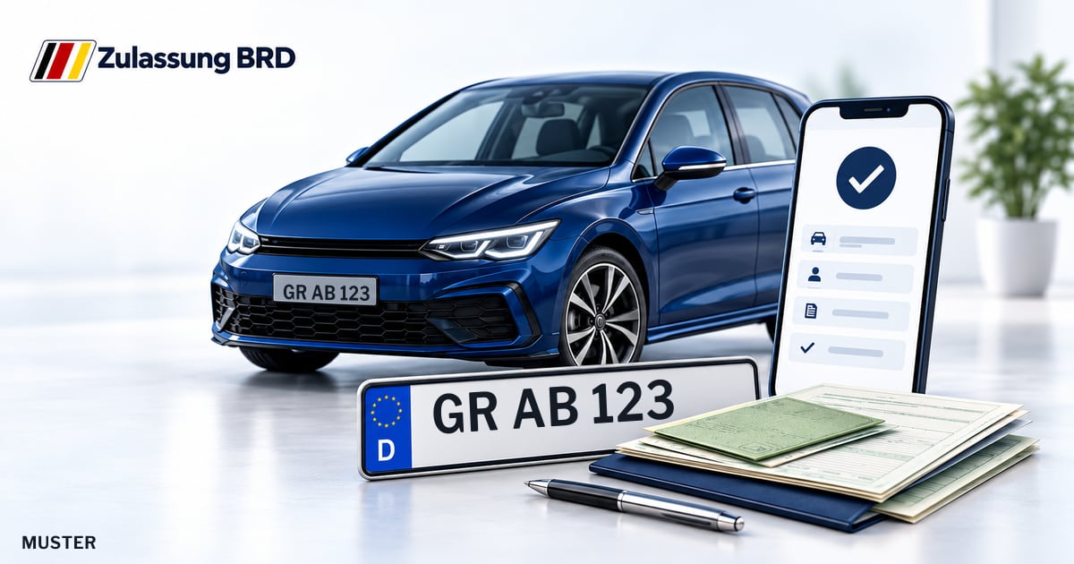 Online Fahrzeugzulassung in Landkreis Görlitz: Musterkennzeichen GR AB 123, Auto und Fahrzeugpapiere und Smartphone. Illustration mit Logo von Zulassung BRD.